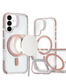 Funda magnética transparente delgada rosa para Samsung Galaxy S26 Plus con soporte de cámara integrado.