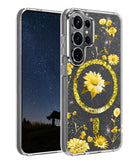 Funda magnética floral dorada para Samsung Galaxy S26 Ultra, diseño elegante con protección duradera.
