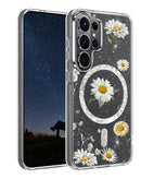 Funda magnética floral plateada para Samsung Galaxy S26 Ultra, diseño elegante con flores.