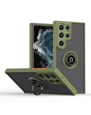 Funda trasera rígida verde azulado para Galaxy S26 Ultra con borde colorido y soporte de anillo.