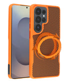 Funda protectora magnética naranja para Samsung Galaxy S26 Ultra con soporte de anillo giratorio 360 SlowBack.