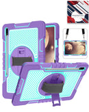 Funda 360 morada para Samsung Galaxy Tab S9/S10 con correa de mano rotativa y soporte de hombro.