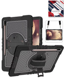 Funda 360 negra para Samsung Galaxy Tab S9/S10 con correa de mano giratoria, soporte y correa de hombro.