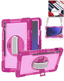 Case 360 hot pink para Galaxy Tab con correa de mano y hombro, soporte integrado, protección robusta.