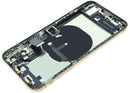 Tapa trasera dorada usada para iPhone XS (modelos A1920, A2097, A2100) con puerto de carga y cable flex preinstalado.