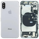 Tapa trasera plateada para iPhone XS con puerto de carga y componentes preinstalados, compatible con modelos A1920 y A2097.