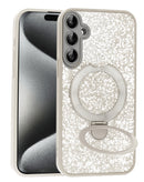 Funda Sparkle Luxury Slim blanca para Galaxy A17 con soporte magnético y anillo giratorio.