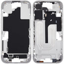 Marco medio blanco para iPhone 16 (A29xx) con botones de volumen y power, ideal para reparación de chasis.