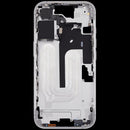 Marco medio blanco para iPhone 16 (A29xx) con botones de volumen y power, ideal para reparación de chasis.