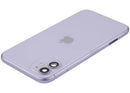 Tapa trasera púrpura usada para iPhone 11 (A2111) con puerto de carga flex y pequeñas piezas, ideal para reparación.