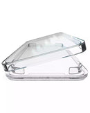 Funda transparente protectora para iPhone 13, 14, 15 Pro Max y Plus, mostrando sus bordes reforzados.