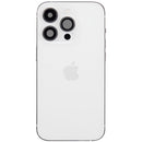 Tapa trasera plateada usada para iPhone 14 Pro A2650, con puerto de carga y piezas pequeñas para reparación.