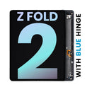 Pantalla OLED interna original Samsung Galaxy Z Fold 2 5G Mystic Black con marco y bisagra azul, lista para reemplazo.