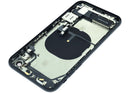 Tapa trasera negra OEM Grado A para iPhone XR (A1984, A2105) con puerto de carga y componentes preinstalados.
