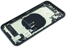 Tapa trasera negra OEM Grado A para iPhone XR (A1984, A2105) con puerto de carga y componentes preinstalados.