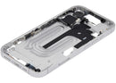 Marco medio blanco para iPhone 16 (A29xx) con botones de volumen y power, ideal para reparación de chasis.