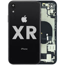 Tapa trasera negra OEM Grado A para iPhone XR (A1984, A2105) con puerto de carga y componentes preinstalados.