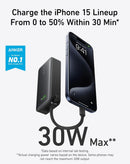 Batería externa Anker Nano negra de 10000mAh con cable USB-C integrado, ideal para cargar dispositivos.
