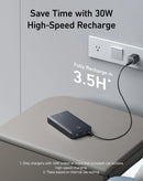 Batería externa Anker 537 Powercore negra de 24000 mAh y 65W, con puertos USB-C y USB-A.