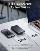 Batería externa Anker 537 Powercore negra de 24000 mAh y 65W, con puertos USB-C y USB-A.