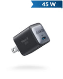 Adaptador de pared USB-C Anker Nano II negro de 45W, compacto y potente, ideal para carga rápida.