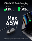 Carga Strip Anker 615 GaNPrime 65W USB color negro, con 2 puertos USB-C, 2 USB-A y 3 tomas de corriente AC para cargar múltiples dispositivos.