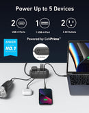 Carga Strip Anker 615 GaNPrime 65W USB color negro, con 2 puertos USB-C, 2 USB-A y 3 tomas de corriente AC para cargar múltiples dispositivos.