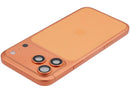 Tapa trasera naranja cósmico para iPhone 17 Pro Max con puerto de carga y componentes pequeños, usado OEM.