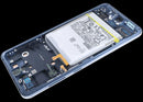 Pantalla original Service Pack Samsung Galaxy S21 FE 5G azul con frame, display LCD y repuesto para reparación.