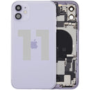 Tapa trasera púrpura usada para iPhone 11 (A2111) con puerto de carga flex y pequeñas piezas, ideal para reparación.