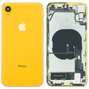 Tapa trasera amarilla para iPhone XR (A1984, A2105) con puerto de carga y componentes preinstalados.