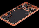 Tapa trasera naranja cósmico para iPhone 17 Pro Max con puerto de carga y componentes pequeños, usado OEM.