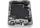 Tapa trasera plateada usada para iPhone 17 Pro Max (EU/Global) con puerto de carga flex y piezas pequeñas.