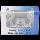 Mando DoubleShock 4 alámbrico blanco cristal para PlayStation 4, con cable USB, botones y joysticks.