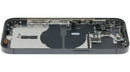 Tapa trasera usada iPhone 14 Pro Space Black A2659 con pequeñas piezas para reparación.