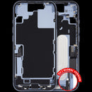 Chasis medio iPhone 17 Mist Blue usado, con puerto de carga y partes pequeñas para reparación.