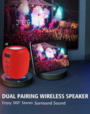 Altavoz inalámbrico BASE rojo con correa portátil, perfecto para audio en exteriores.