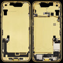 Tapa trasera amarilla OEM usada para iPhone 14 (A2649, A2881) con puerto de carga y marco medio.