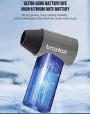 Ventilador turbo soplador BOOSTOOL plateado, portátil, con función de banco de energía. Ideal para camping y viajes.