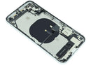 Tapa trasera blanca usada para iPhone XR (A1984, A2105) con puerto de carga y piezas preinstaladas.