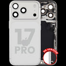 Tapa trasera plateada usada para iPhone 17 Pro, con puerto de carga y piezas pequeñas, lista para reparación.