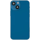 Tapa trasera azul usada para iPhone 13 Mini A2481 con puerto de carga y pequeñas piezas.