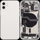 Tapa trasera negra usada para iPhone 12 (A2172) con puerto de carga y piezas pequeñas para reparación.
