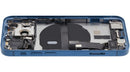 Tapa trasera azul usada para iPhone 13 mini A2481 con puerto de carga y pequeñas piezas.