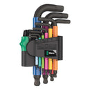 Set de 9 llaves Allen hexagonales métricas Wera Hex-Plus multicolores, con soporte para fácil organización.