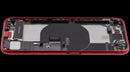Tapa trasera roja usada para iPhone SE 2022 (A2595) con puerto de carga y componentes internos.