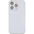 Tapa trasera plateada usada para iPhone 14 Pro (versión EU/Global) con pequeñas piezas internas, ideal para reparación.