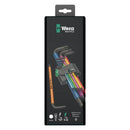 Set de 9 llaves Allen hexagonales métricas Wera Hex-Plus multicolores, con soporte para fácil organización.