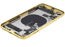 Tapa trasera amarilla usada OEM Grade B para iPhone 11 con puerto de carga y piezas pequeñas.