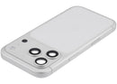 Tapa trasera plateada usada para iPhone 17 Pro, con puerto de carga y piezas pequeñas, lista para reparación.